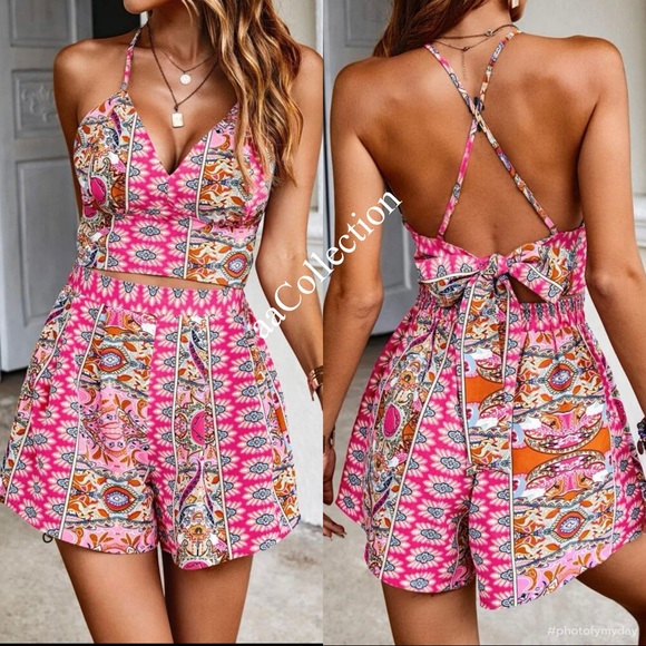 Boho Bohemian Gypsy Floral Paisley Print Criss Cross Back Crop Top Shorts Set - Picture 3 of 8